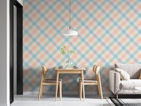 Dining area with Light Pastel Vichy Graphic Geometric Stripe Wallpaper and wooden table.