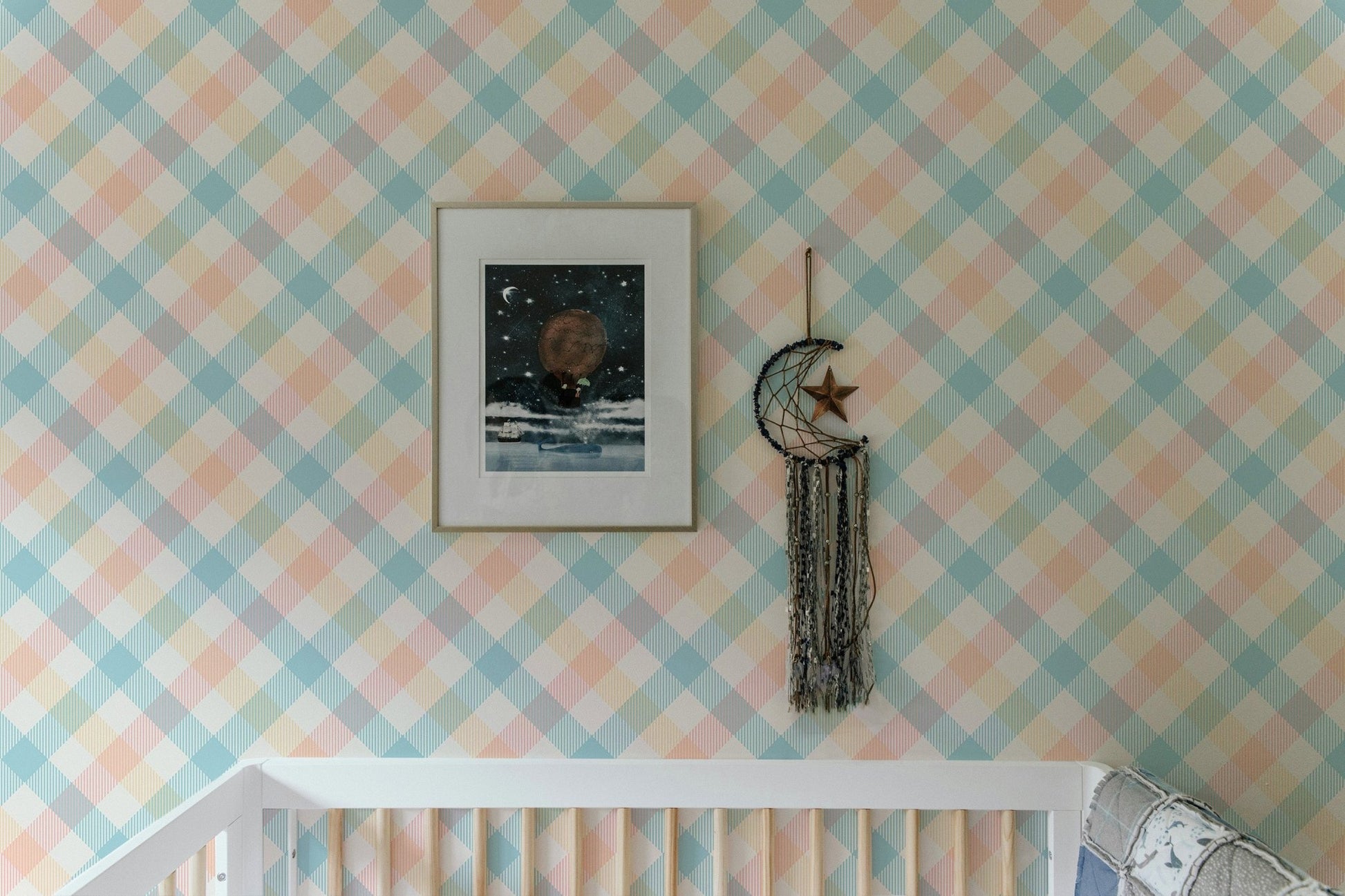 Nursery room with a white crib and Light Pastel Vichy Graphic Geometric Stripe Wallpaper.