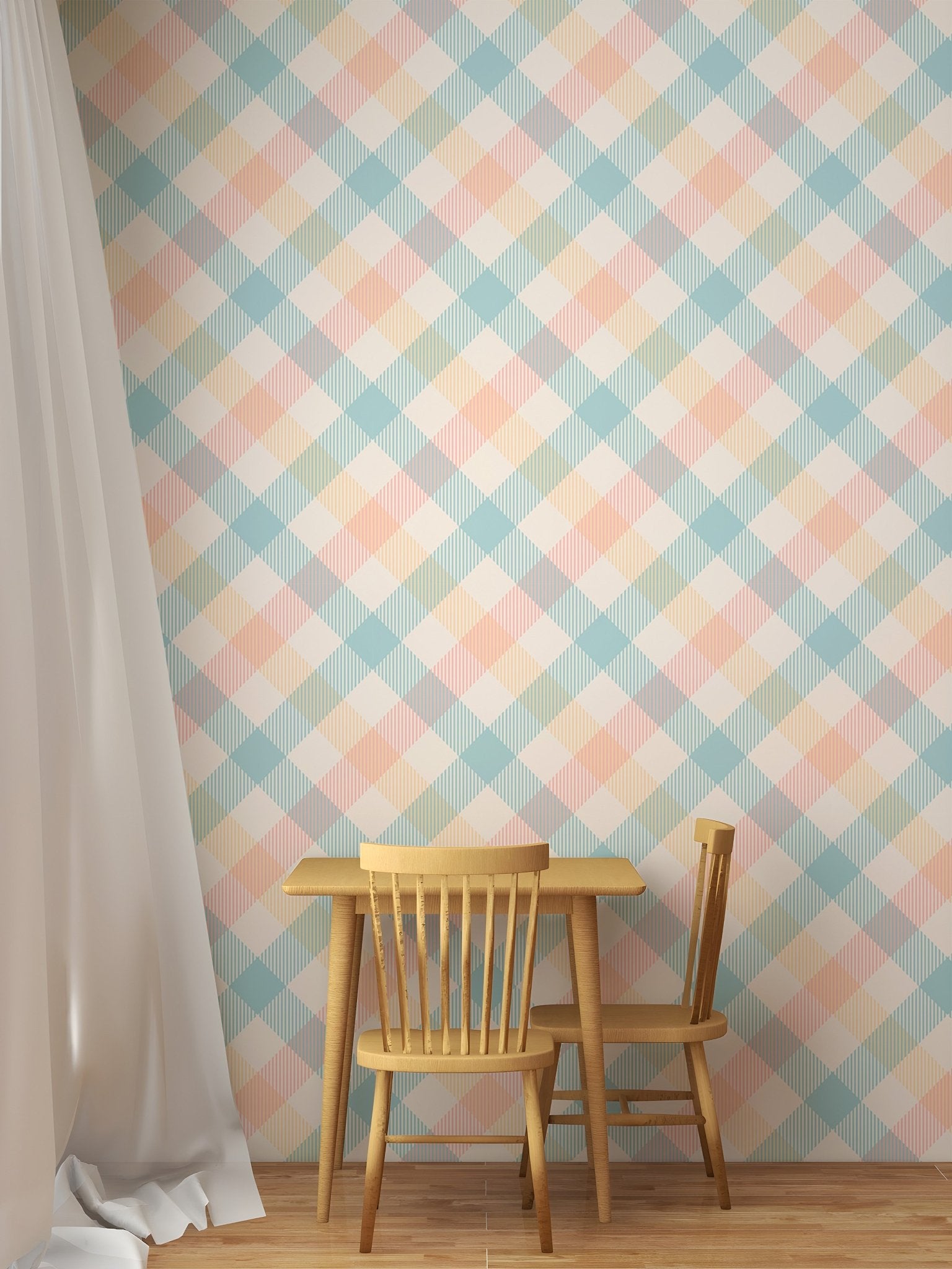 Small kids dining area with wooden chair and peach blue geometric wallpaper.