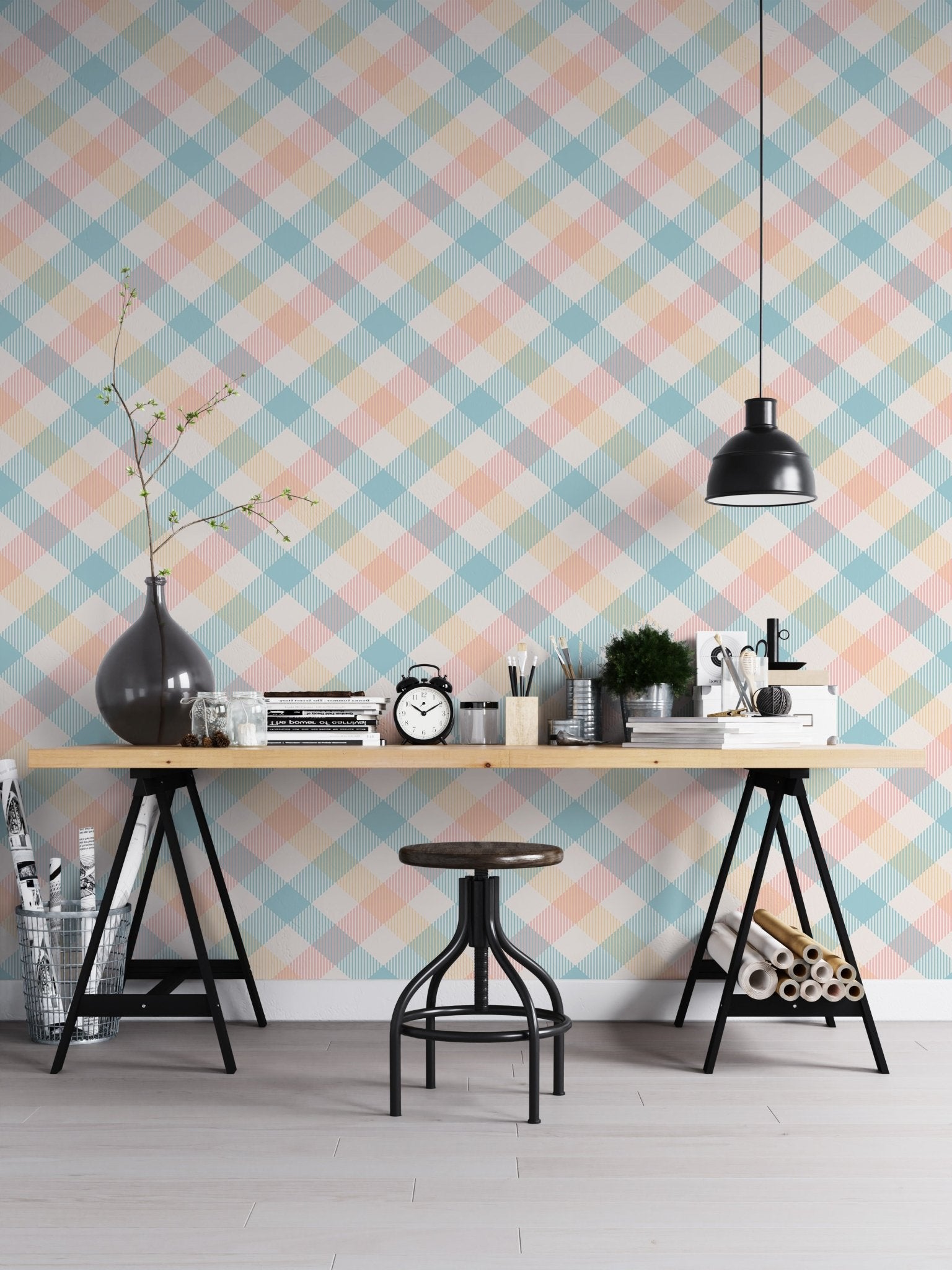 Home office with black desk and Light Pastel Vichy Graphic Geometric Stripe Wallpaper.