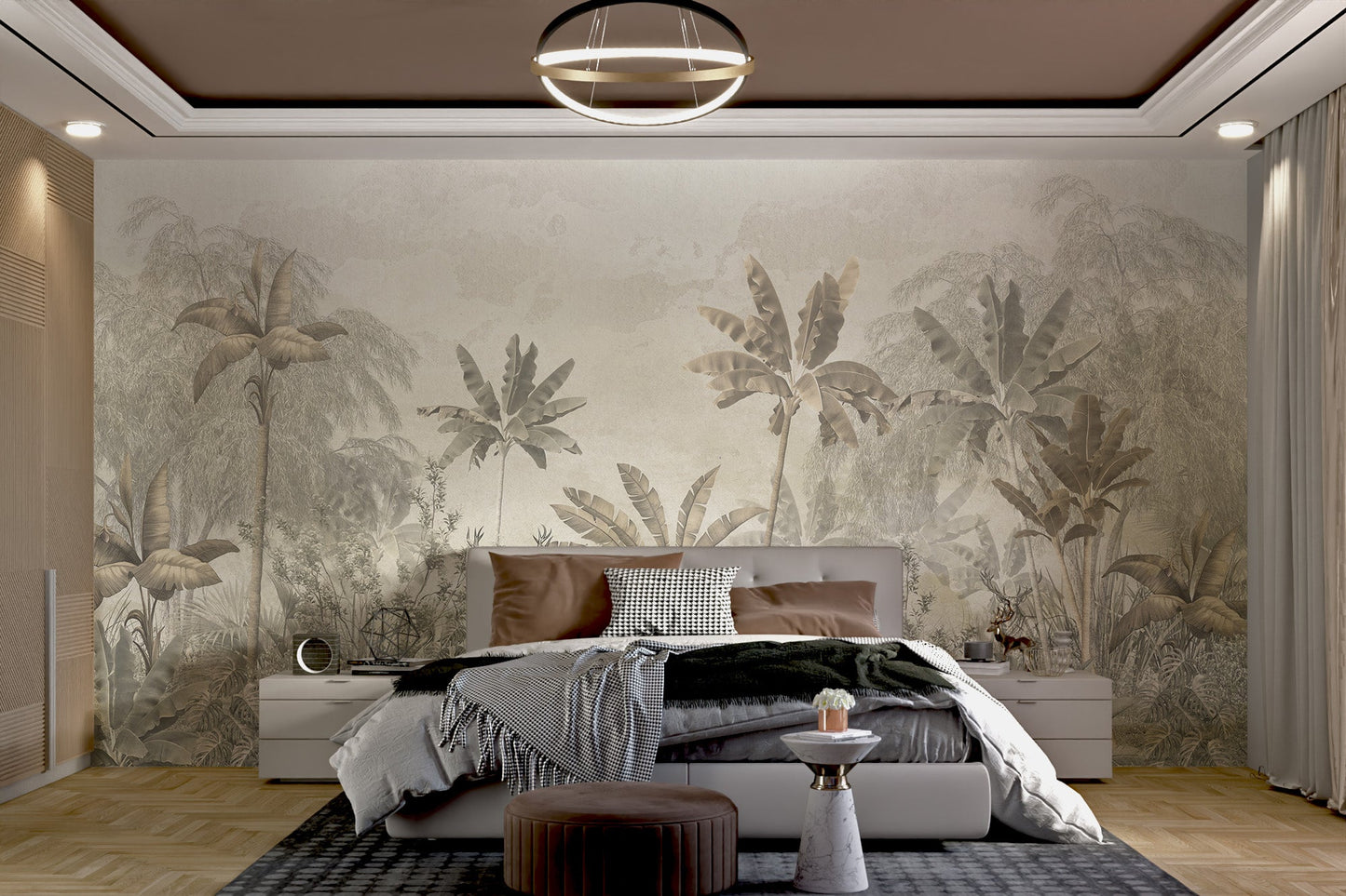Yellow-toned forest mural with wild tropical leaves in modern bedroom.