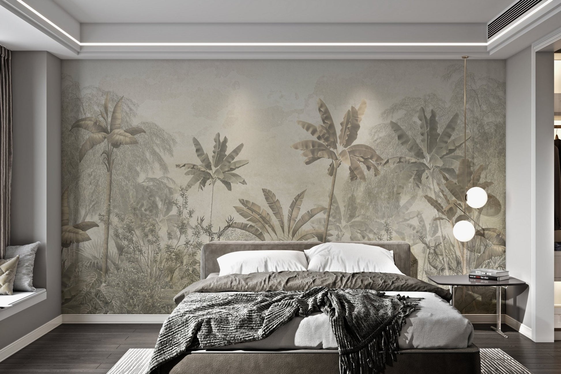 Wild forest wall mural with sepia and yellow tones for a bedroom.