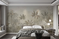 Wild forest wall mural with sepia and yellow tones for a bedroom.