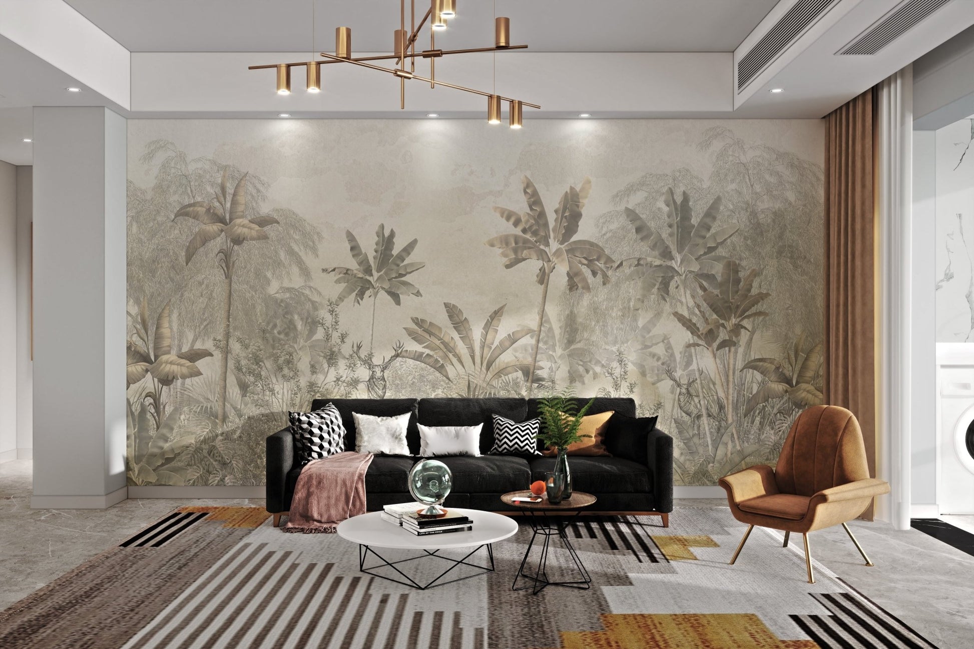 Light Yellow Color Wild Tropical Leaves Forest Wall Mural in a living area.