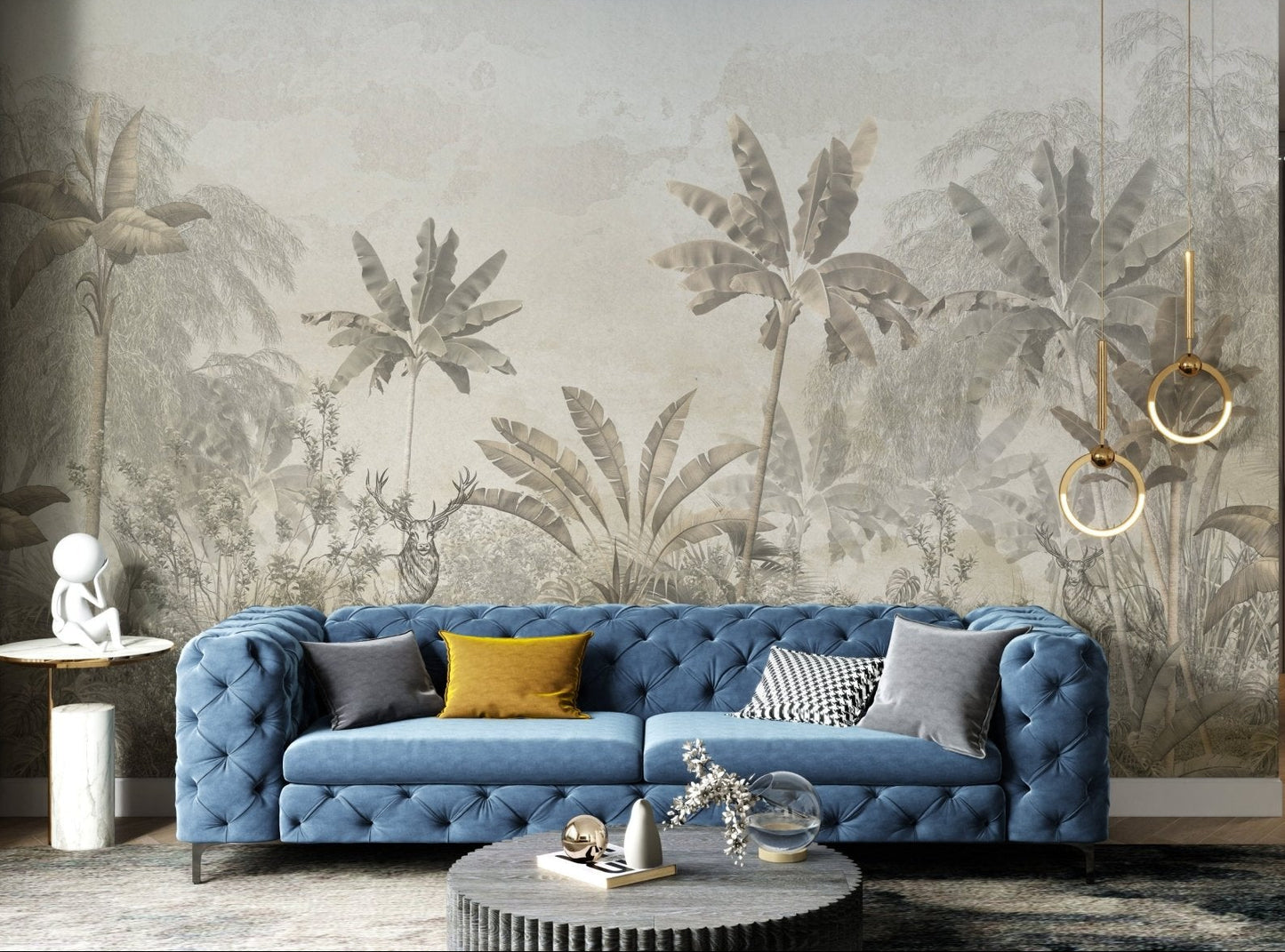 Tropical wall mural with light yellow leaf forest design in open hallway.