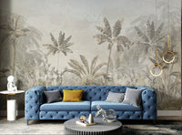 Tropical wall mural with light yellow leaf forest design in open hallway.