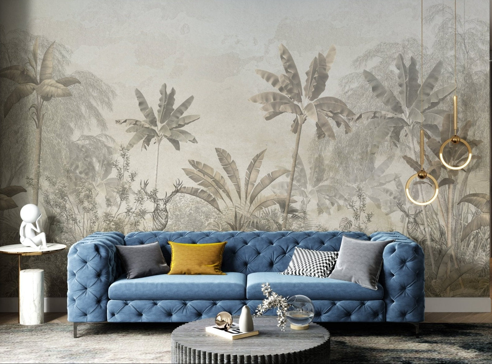 Tropical wall mural with light yellow leaf forest design in open hallway.