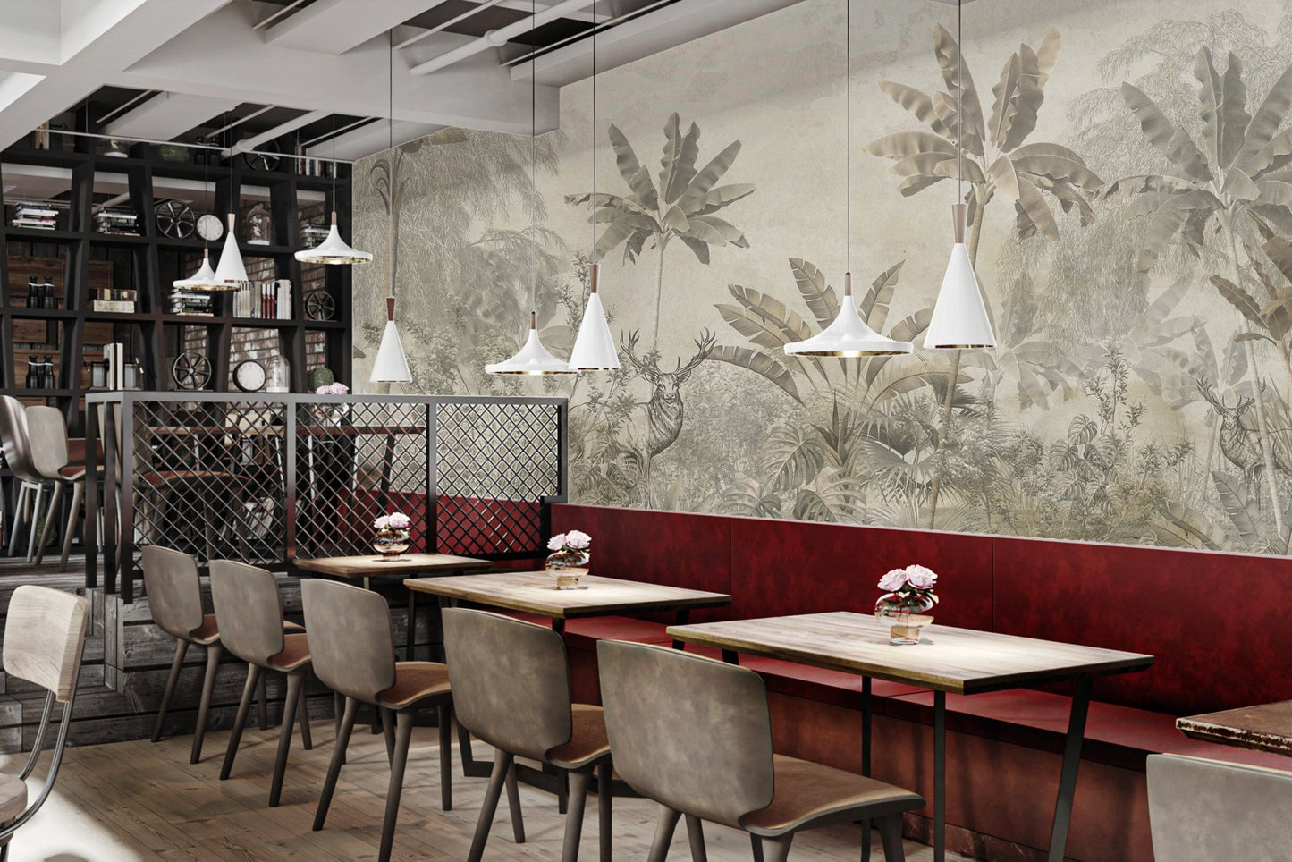 Tropical palm tree mural with muted yellow and grey tones on a cafe wall.