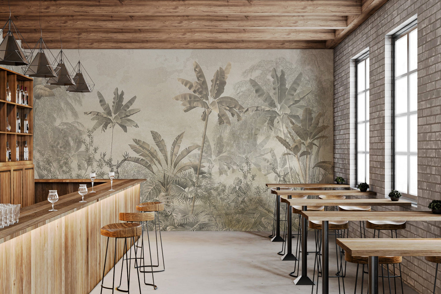 Light Yellow Color Wild Tropical Leaves Forest Wall Mural in a restaurant space.