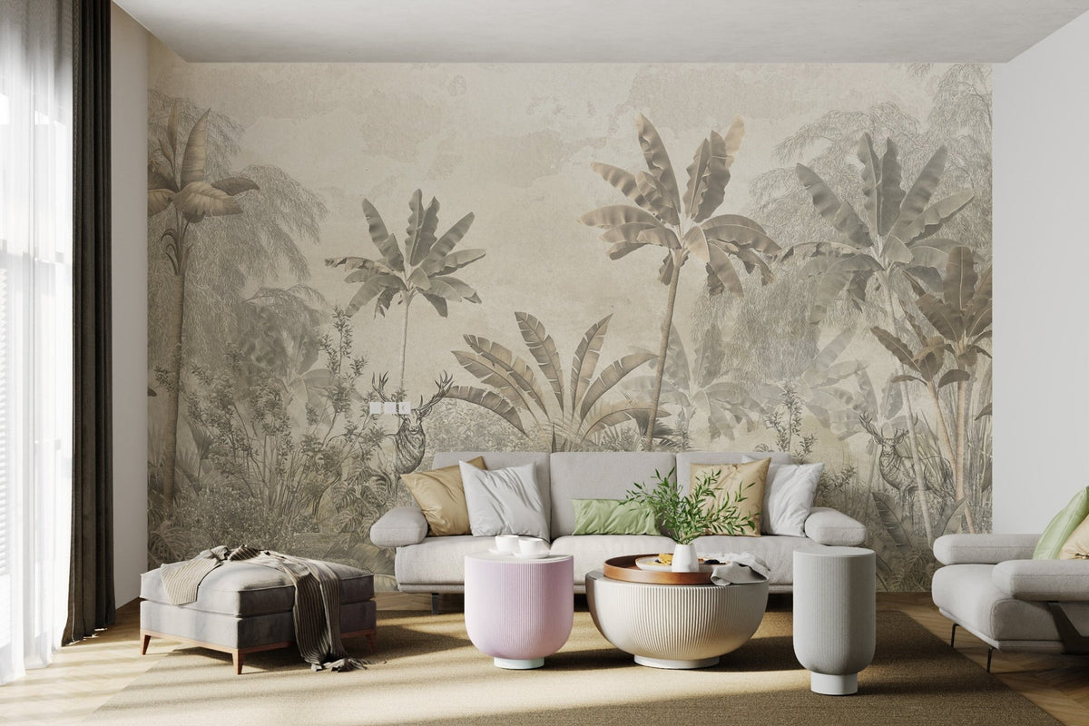 Tropical leaf design on a light yellow forest mural for bright living room.