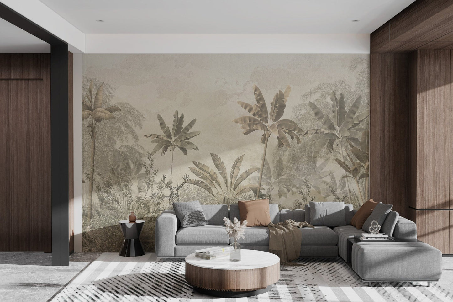 Light yellow mural featuring wild tropical foliage in sunlit living room.
