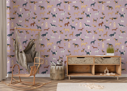 Illustrated puppy breeds on a lilac dogs breed pattern wallpaper background.