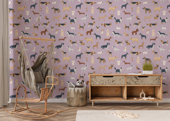 Illustrated puppy breeds on a lilac dogs breed pattern wallpaper background.