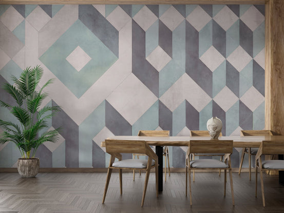 Linear Pattern Wall Mural in a dining room with a wooden table and chairs.
