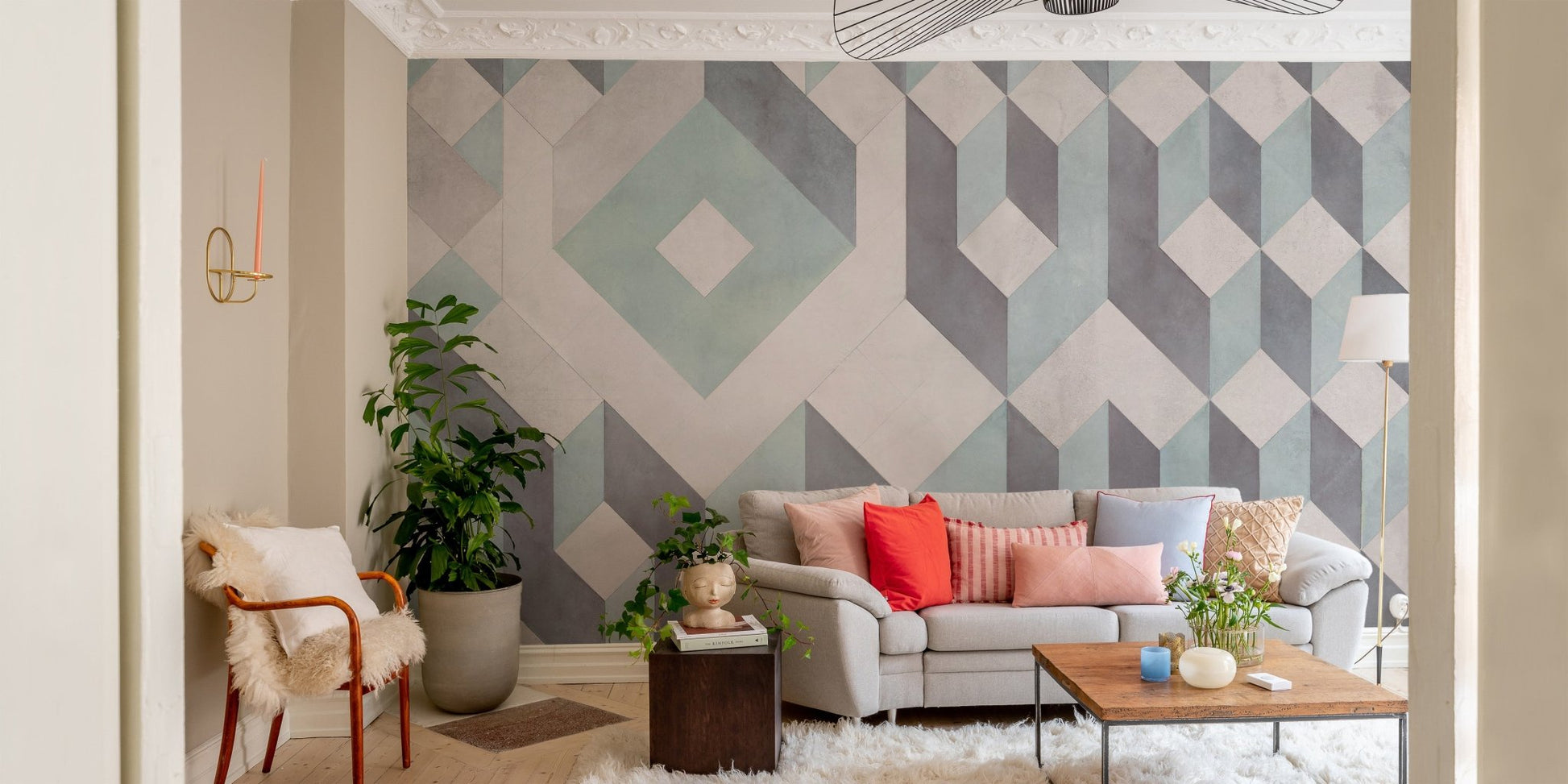 Abstract continuous linear artwork wall mural for modern living room.