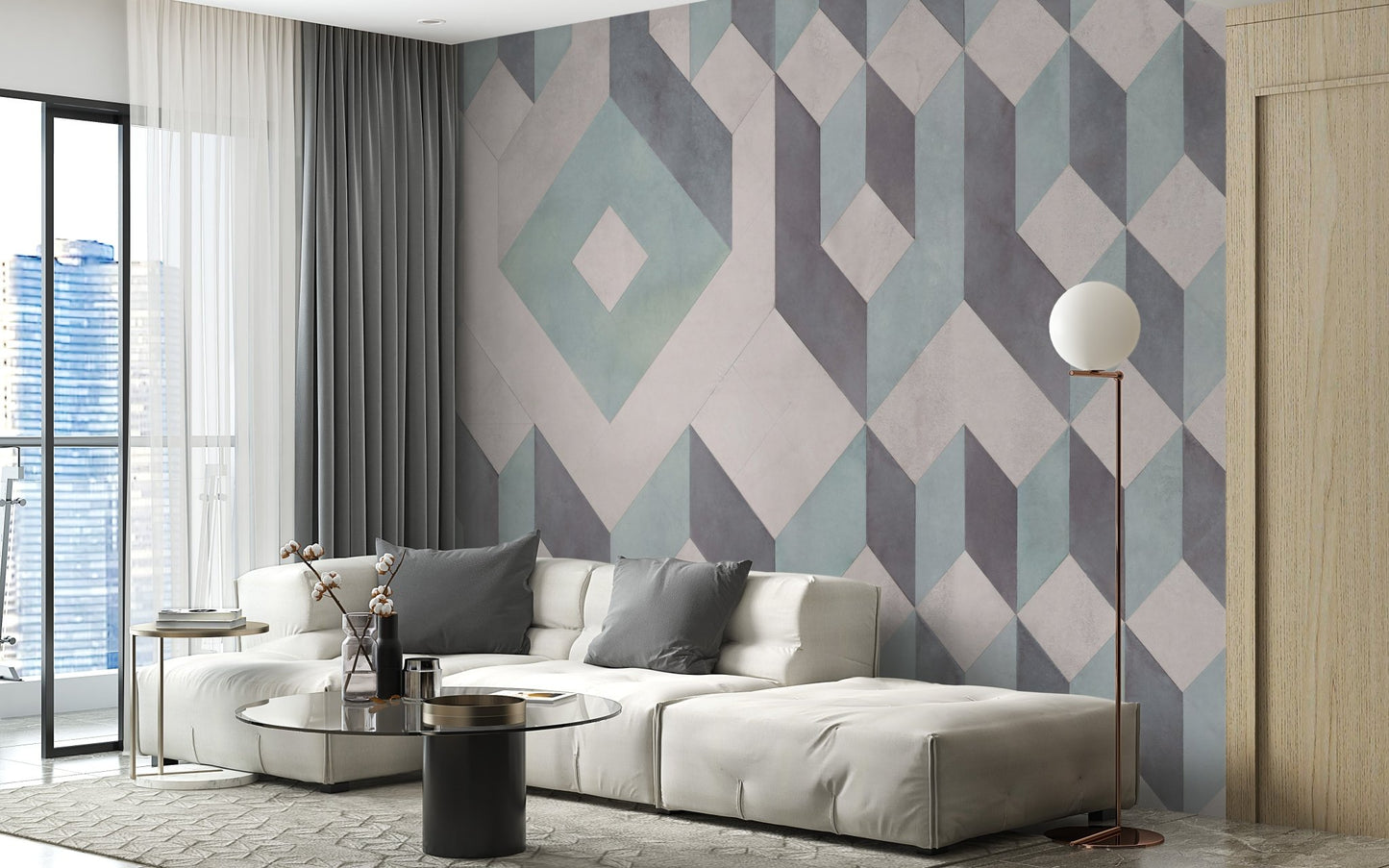 Modern flat with a grey sectional sofa and a Linear Pattern Wall Mural.
