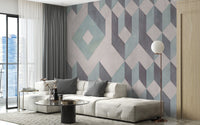 Modern flat with a grey sectional sofa and a Linear Pattern Wall Mural.