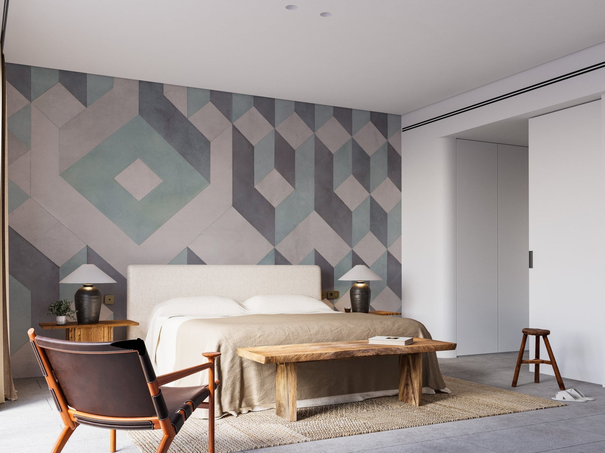 Delicate line pattern wall mural design  in a contemporary bedroom.