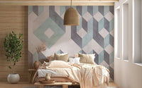 Sophisticated linear wall mural arrangement in sunlit bedroom.