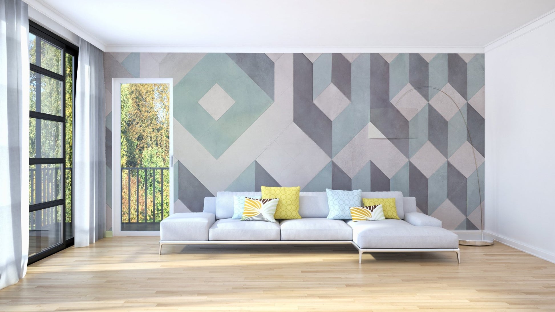 Minimalist linear stripe design wall mural in living room.