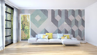 Minimalist linear stripe design wall mural in living room.