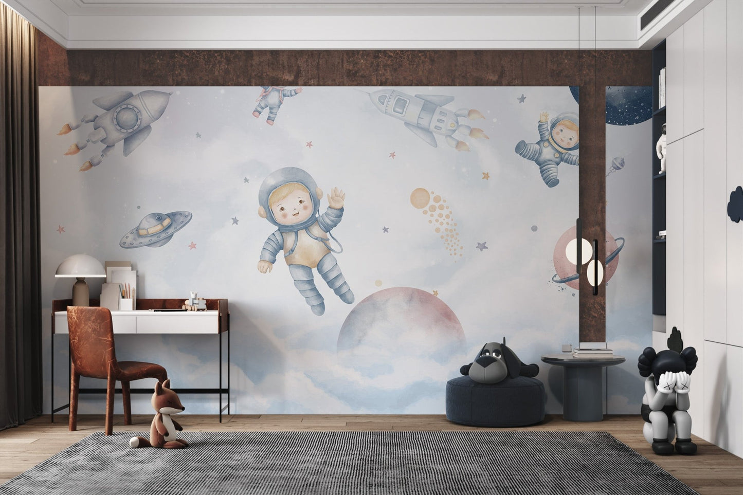 Blue and grey rocket ship flying through clouds wall mural for study room.