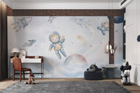 Blue and grey rocket ship flying through clouds wall mural for study room.