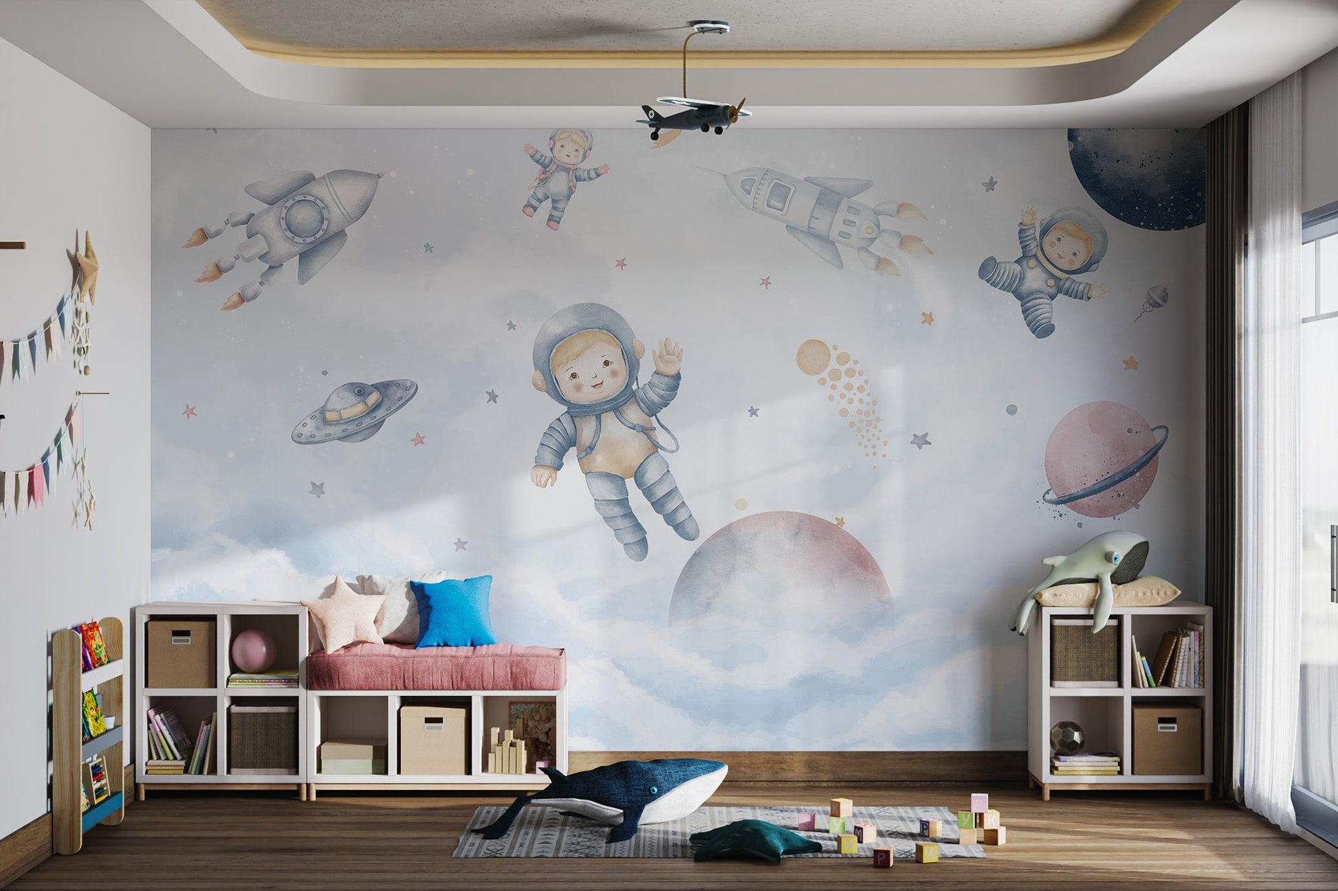 Playroom wall mural with kids in astronaut suits exploring the stars.