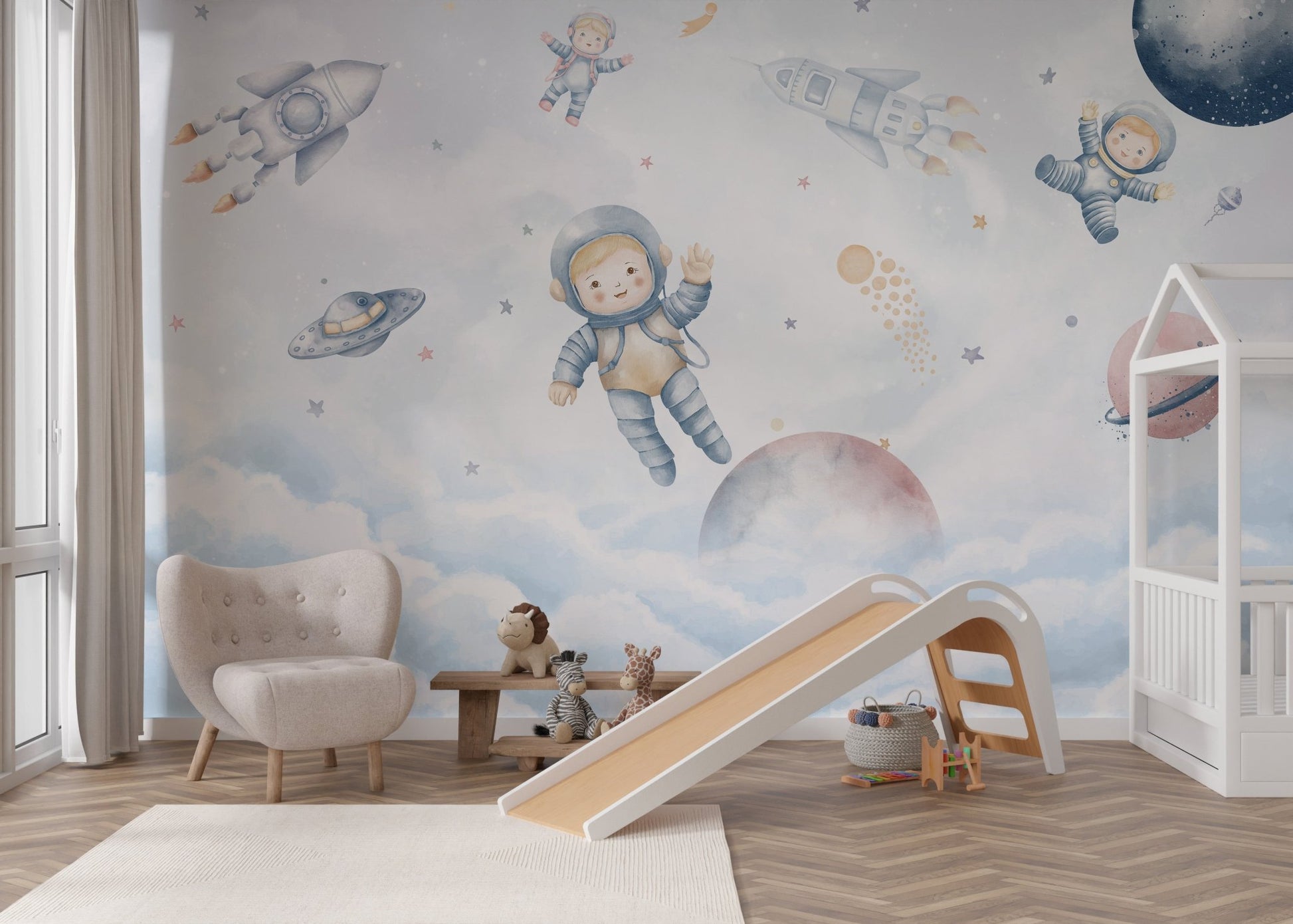 Charming space wall mural with clouds and stars in modern nursery.