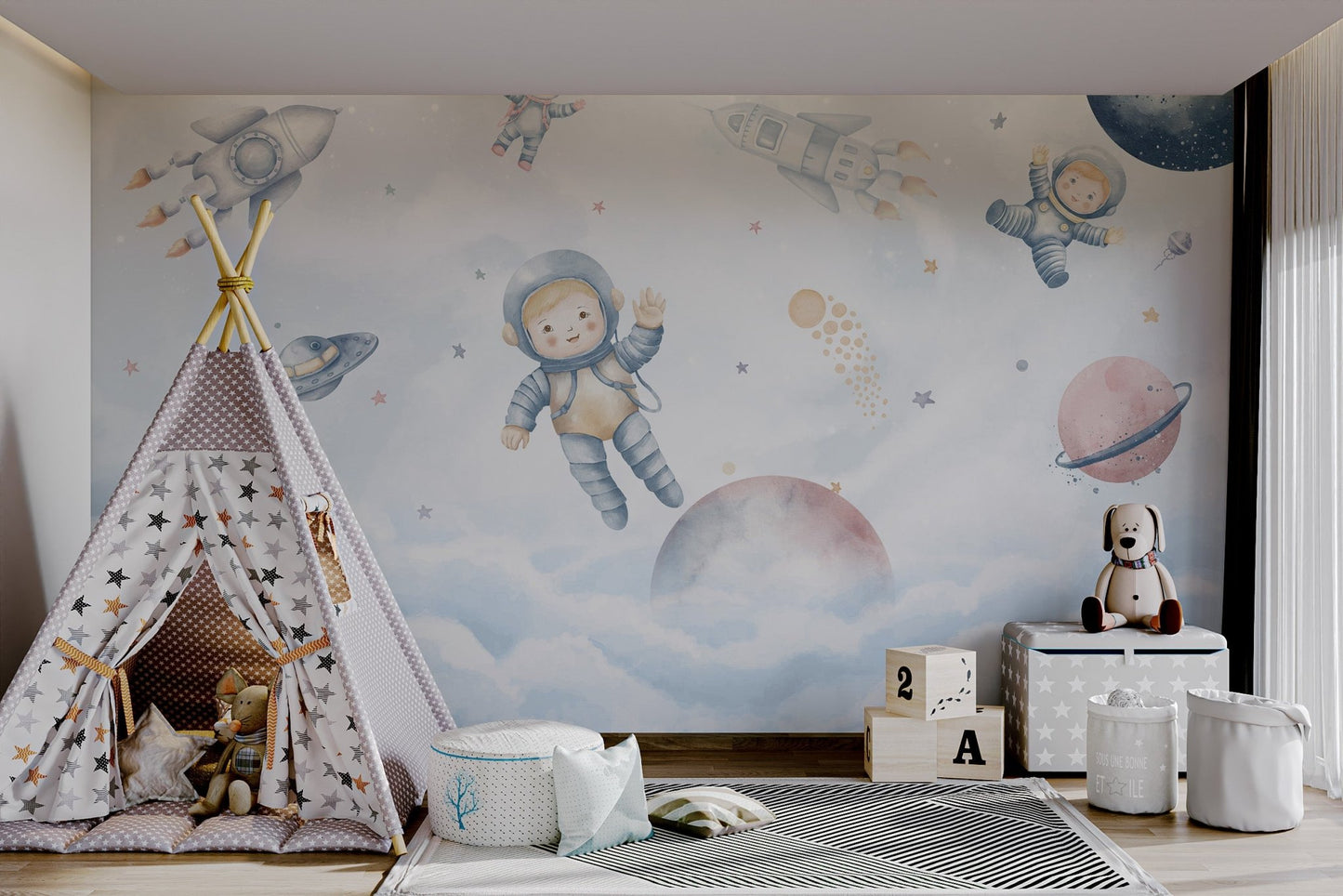 A dreamy outer space mural featuring colorful planets in child's playroom.