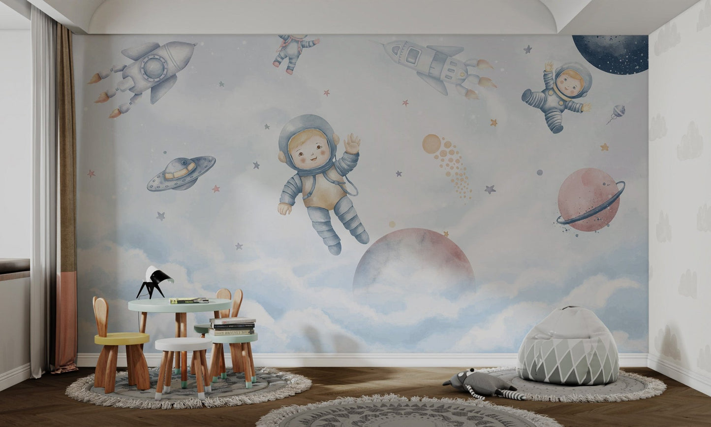 Pastel planet and moon pattern mural for nursery wall decor.