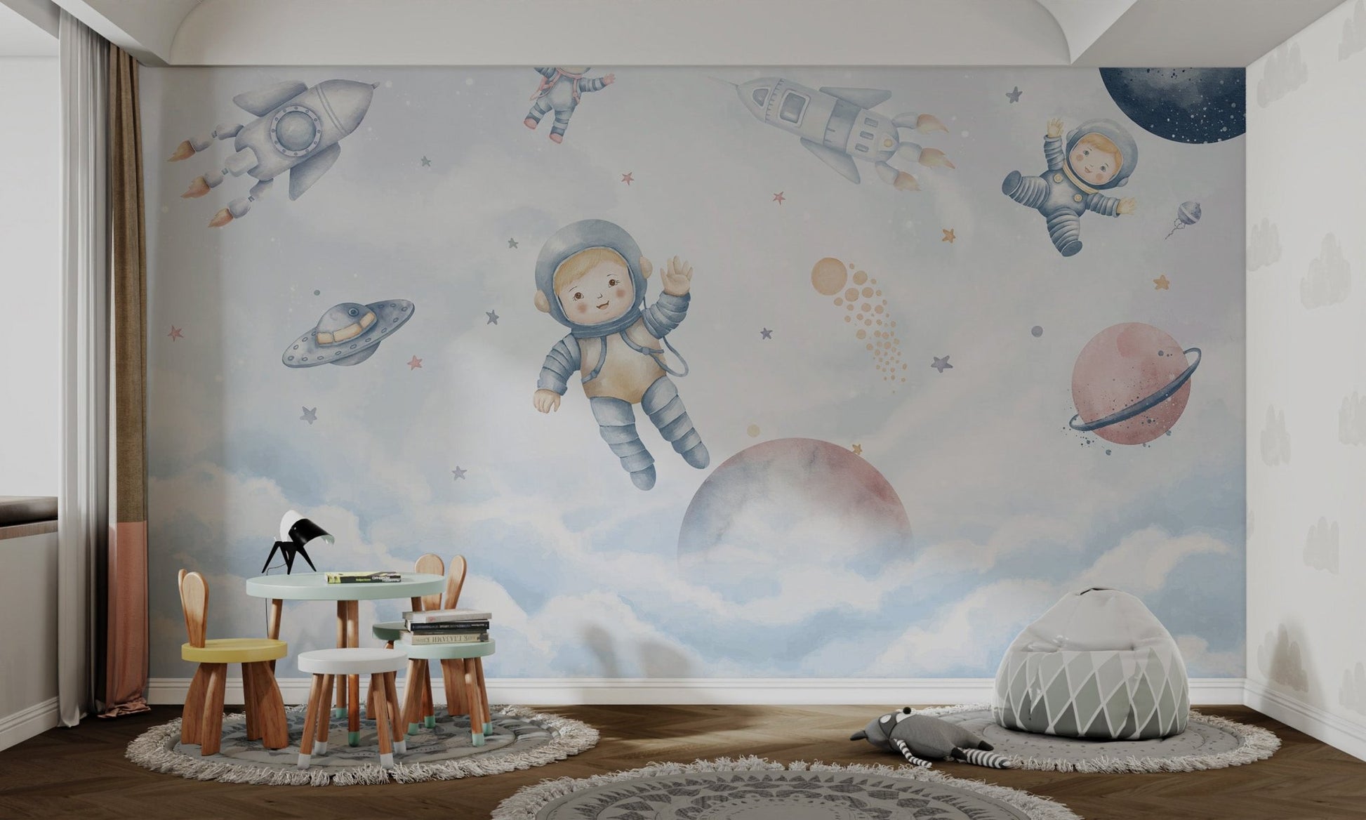 Pastel planet and moon pattern mural for nursery wall decor.