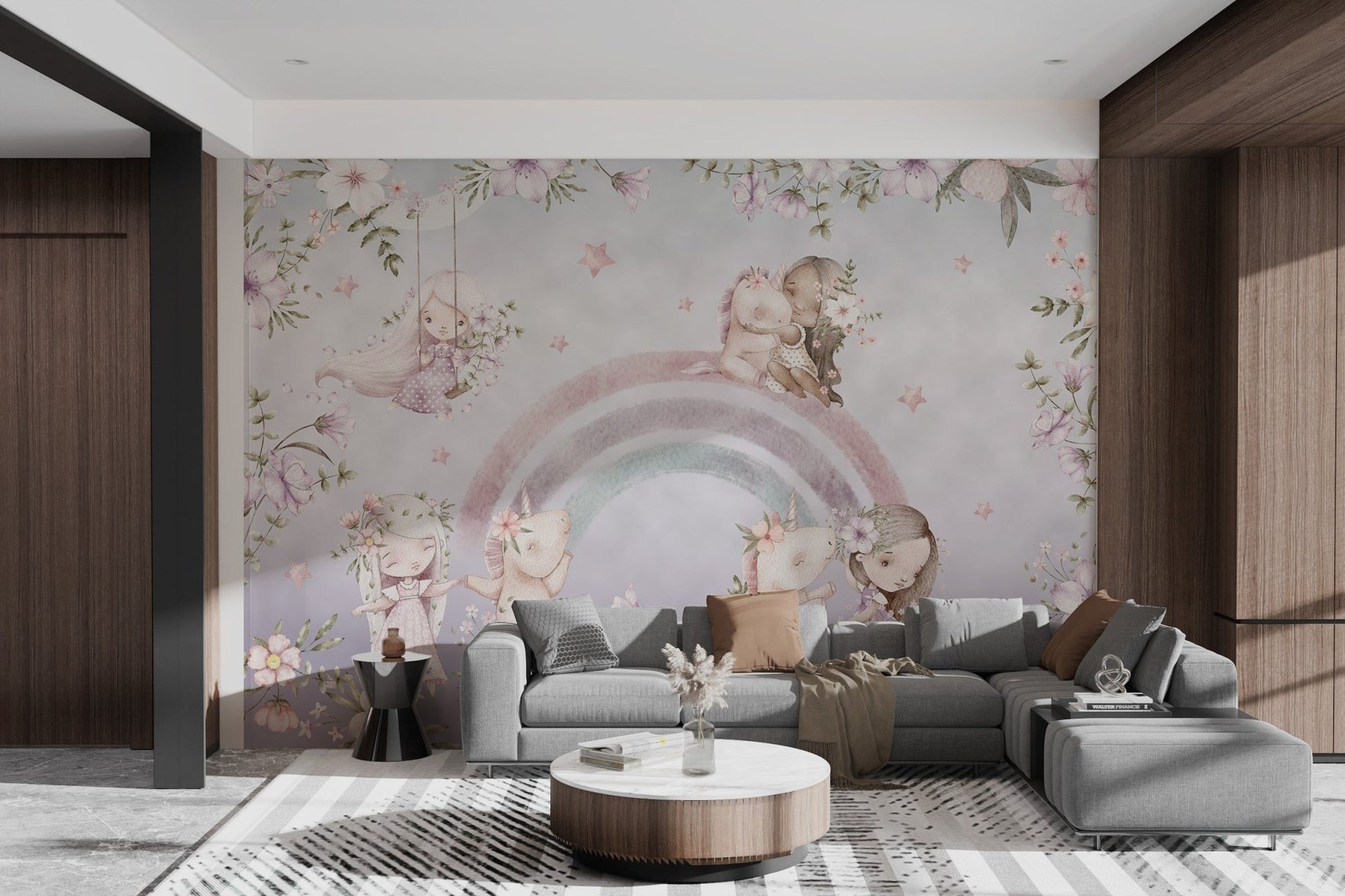 Child and unicorns playing on rainbow wall mural in bright living space.