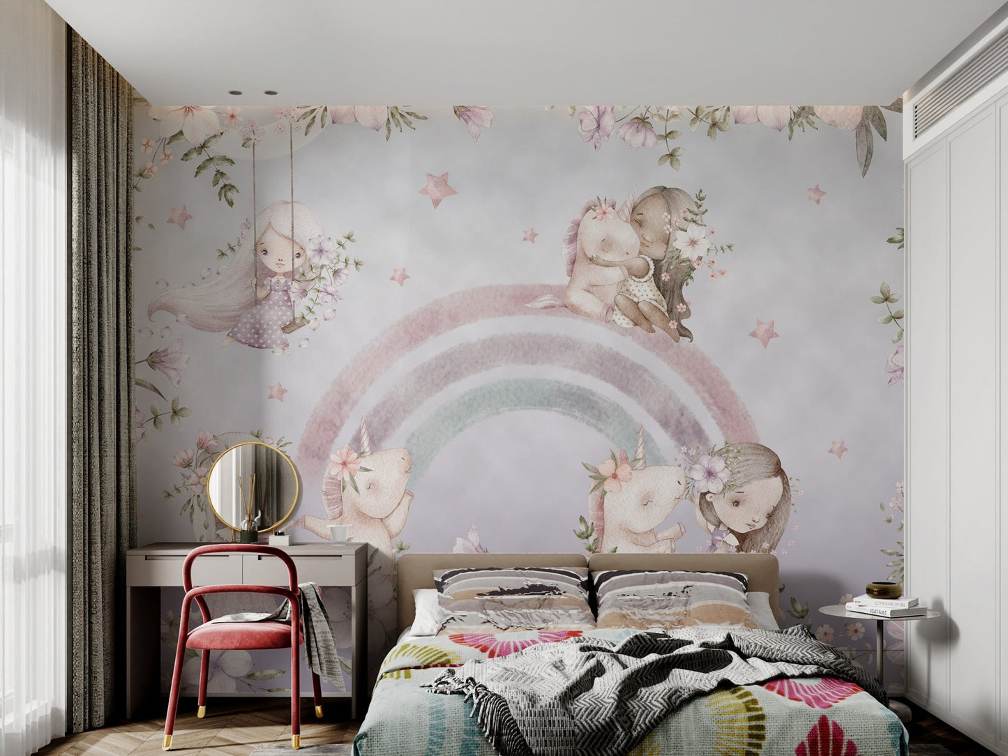Pastel-themed wall mural of girls, unicorns, rainbows in kid bedroom.