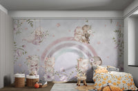 Pastel flowers mural with and unicorns under a whimsical sky for bedroom.