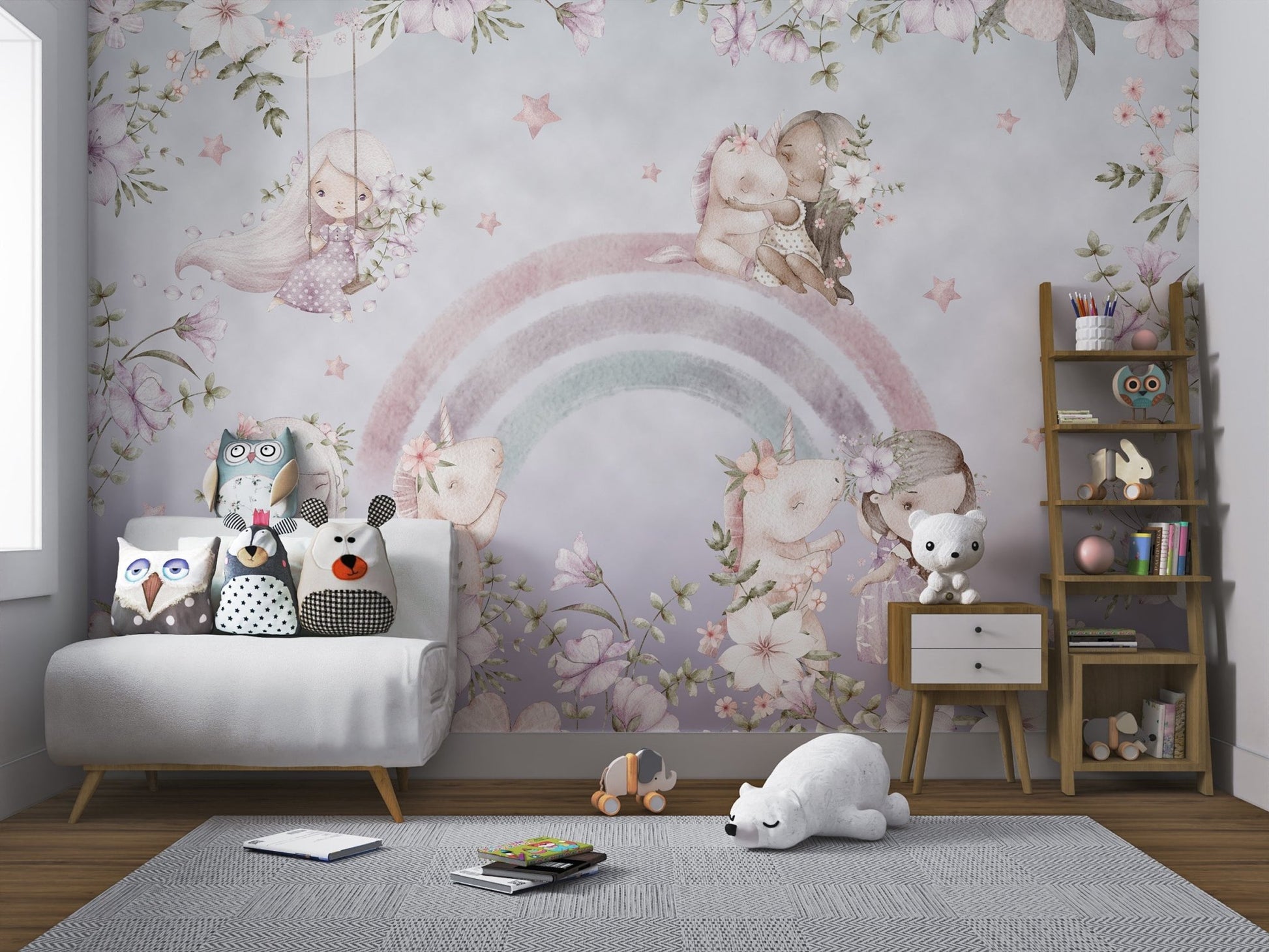 Watercolor Little Girl with Unicorn mural with pink flowers and stars in nursery.