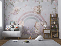 Watercolor Little Girl with Unicorn mural with pink flowers and stars in nursery.