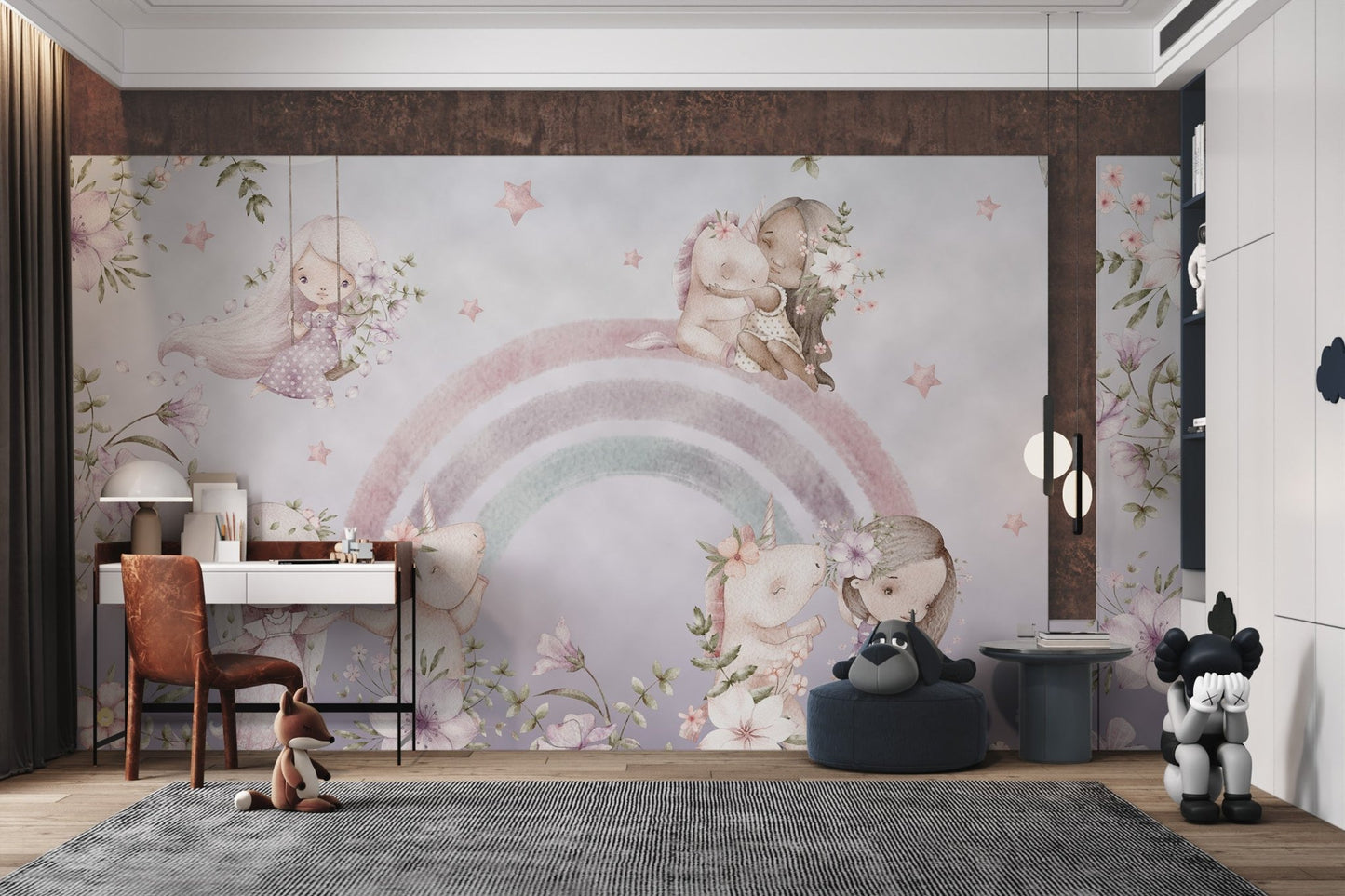 Soft purple wall mural with little girls and unicorns hugging under a rainbow.