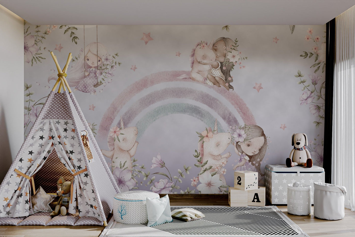 Little Girl with Unicorn Wall mural depicting a girl on a floral swing.