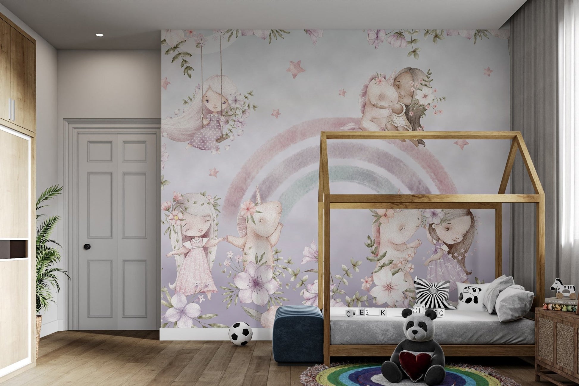 Pastel pink and lilac unicorn wall mural with white flowers and green leaves.