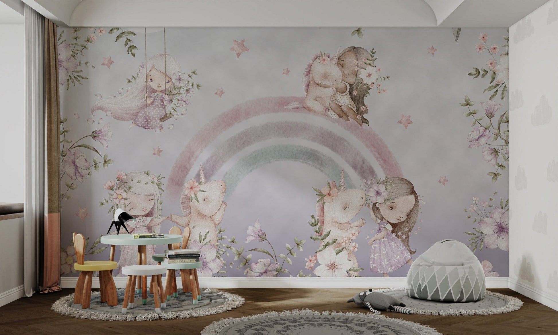 Little girls and unicorns mural on a pastel rainbow background for study room.