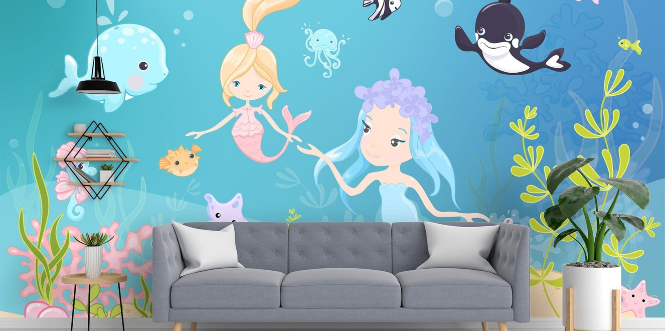 Underwater wall mural featuring a black stingray and starfish for living room.