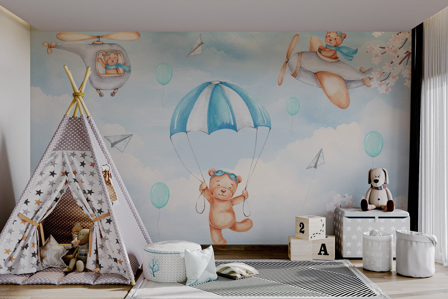 Playroom wall mural with pastel blue clouds and flying paper airplanes.