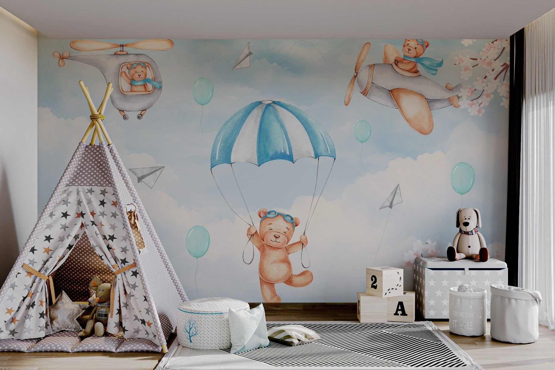 Playroom wall mural with pastel blue clouds and flying paper airplanes.