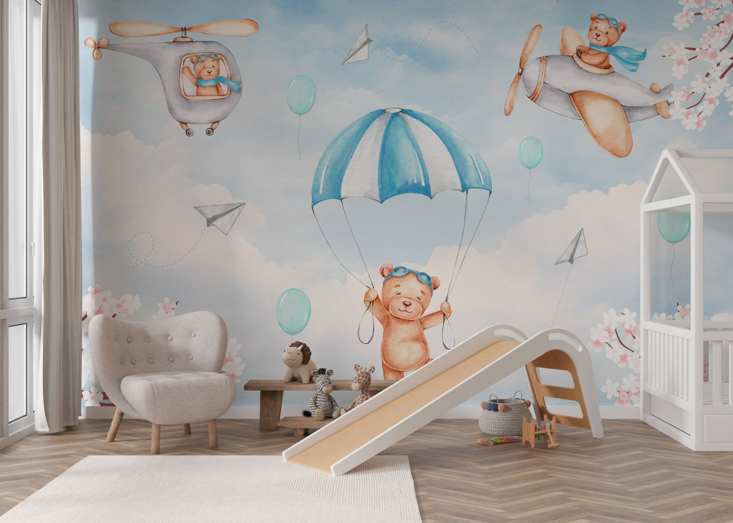 Sky themed wall mural with watercolor teddy bears for modern nursery.