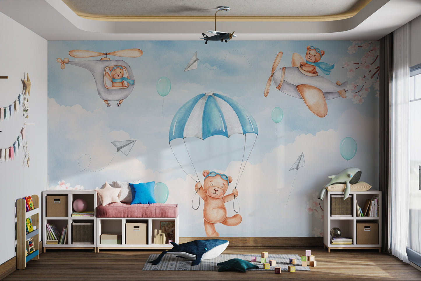 Little Teddy Adventure Mural showing bears in goggles and blue scarves.