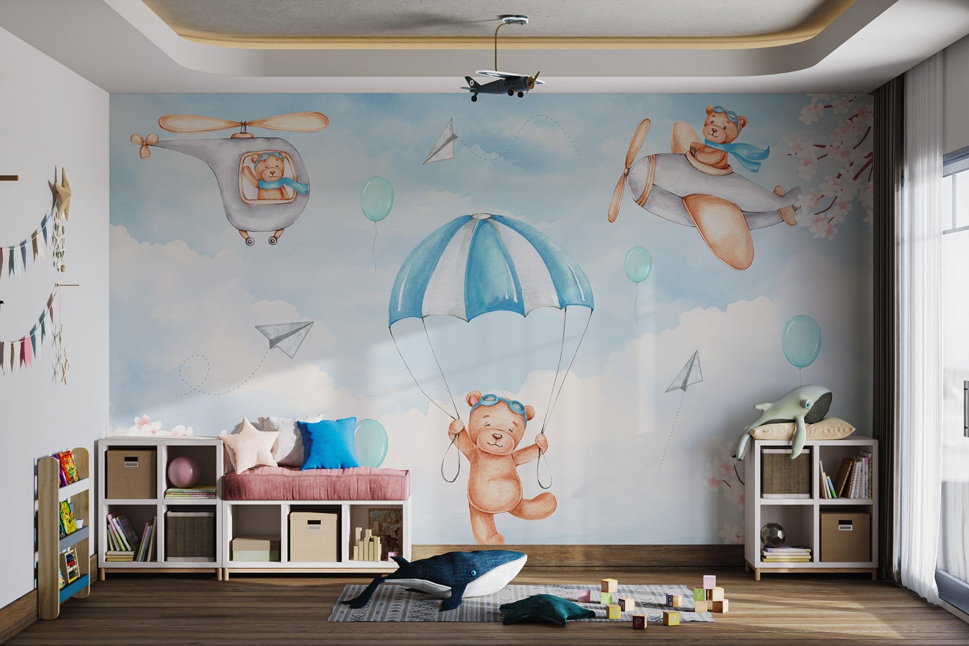 Little Teddy Adventure Mural showing bears in goggles and blue scarves.