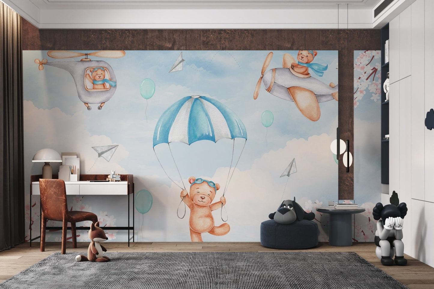 Watercolor wall mural with a teddy bear descending in child's study room.