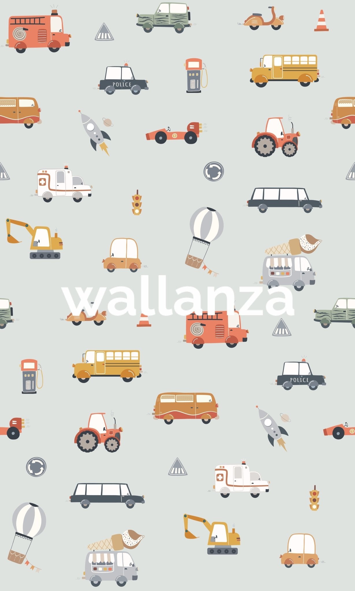 Blue nursery wall art with diverse vehicle designs.