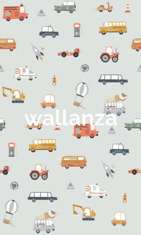 Blue nursery wall art with diverse vehicle designs.